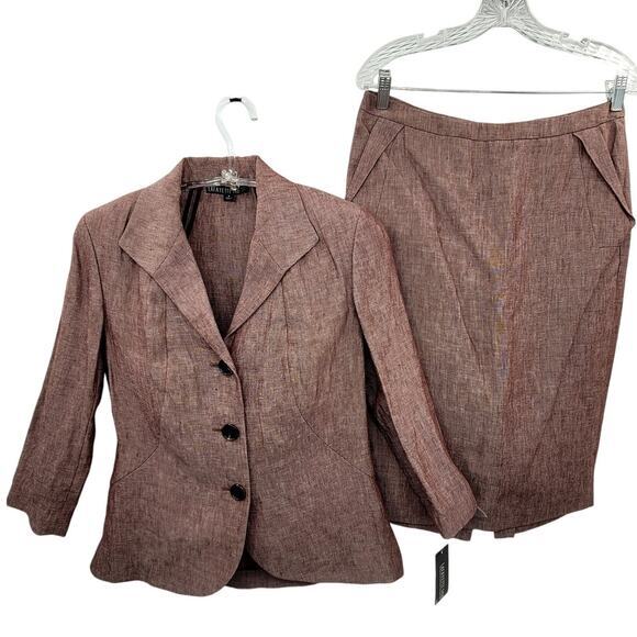 LaFayette 148 Long Sleeve Linen Single Breasted Jacket‎ Midi Skirt Set Lady Suit - Picture 1 of 16